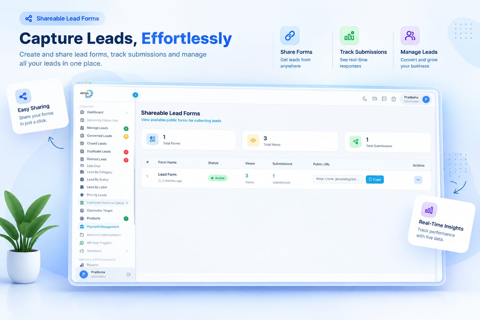 Sales Mitra CRM screen: Shareable lead forms